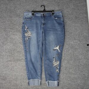 Deja Bleu Premium Jeans Womens 20 Blue Embroidered Floral Bird Cropped Stretch